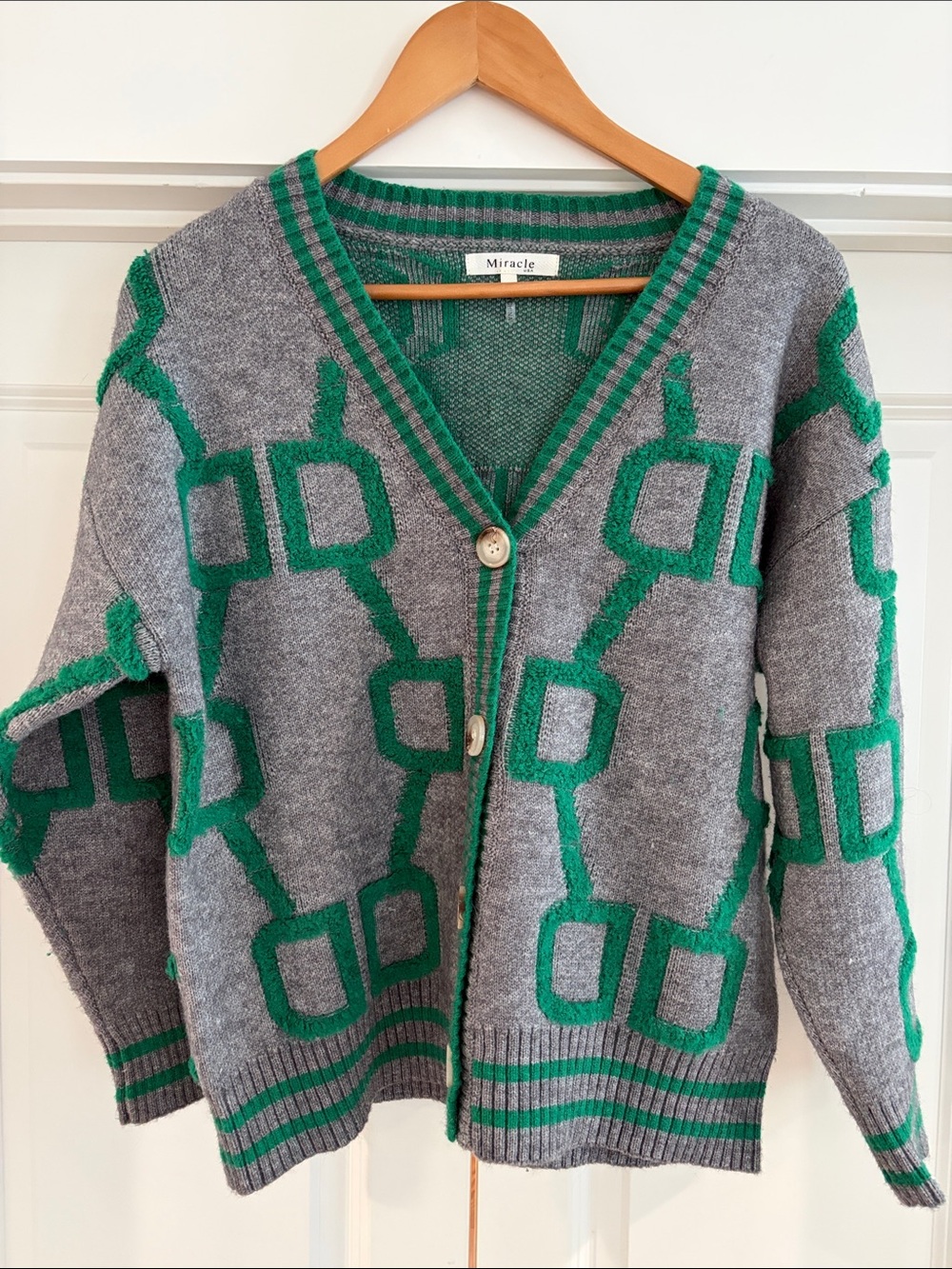 Miracle Gray & Green Geometric V‑Neck Button Cardigan